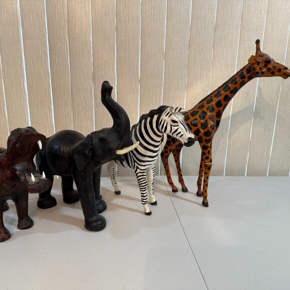 Vintage Leather  Elephant Giraffe Hippo and  Zebra Statues Figurines Lot Of 4 - Picture 1 of 16